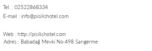 Pisilis Otel telefon numaraları, faks, e-mail, posta adresi ve iletişim bilgileri